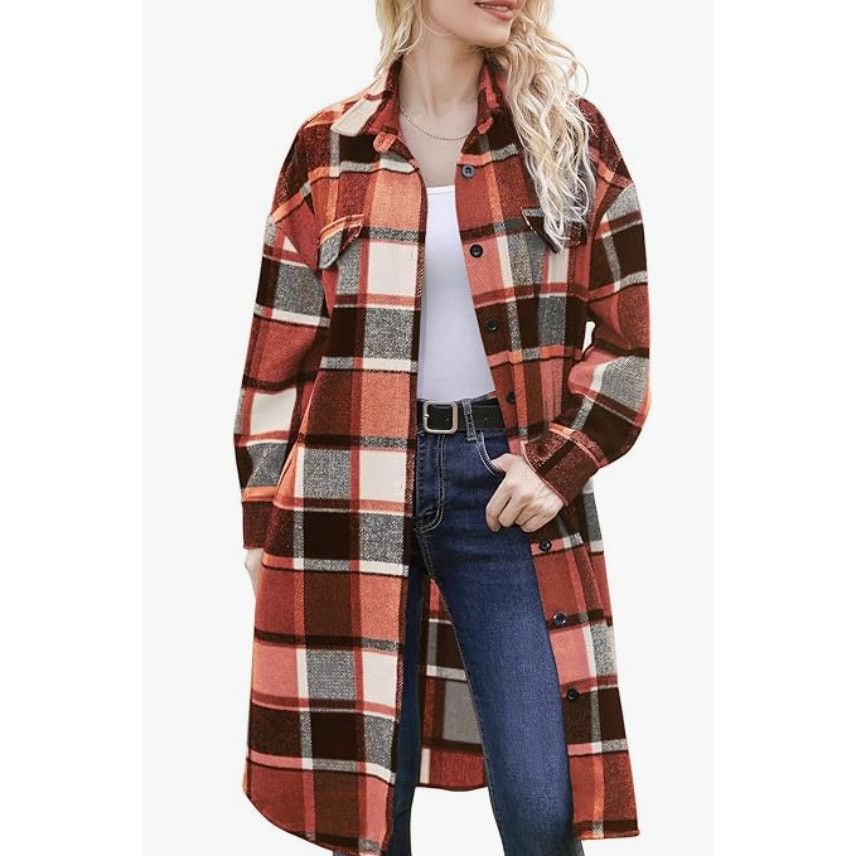 The Unbranded Brand Plaid Shacket Button Wool Blend Long Tartan Trench CoatLARGE Size L / US 10 / IT 46 - 1 Thumbnail
