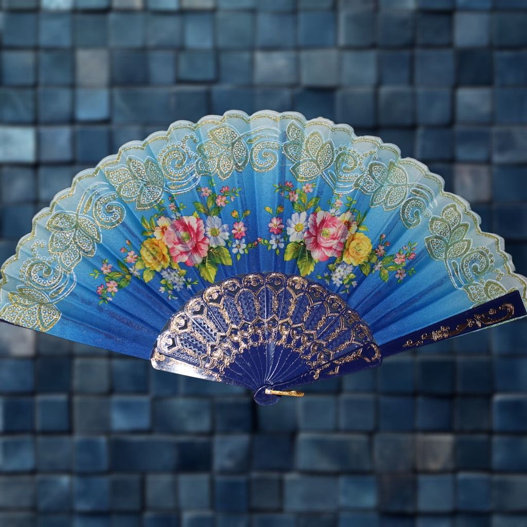 Vintage SMALL HAND FAN with Blue Flowers - Vintage Floral Design, 16 Inch, Unbranded Size ONE SIZE - 1 Thumbnail