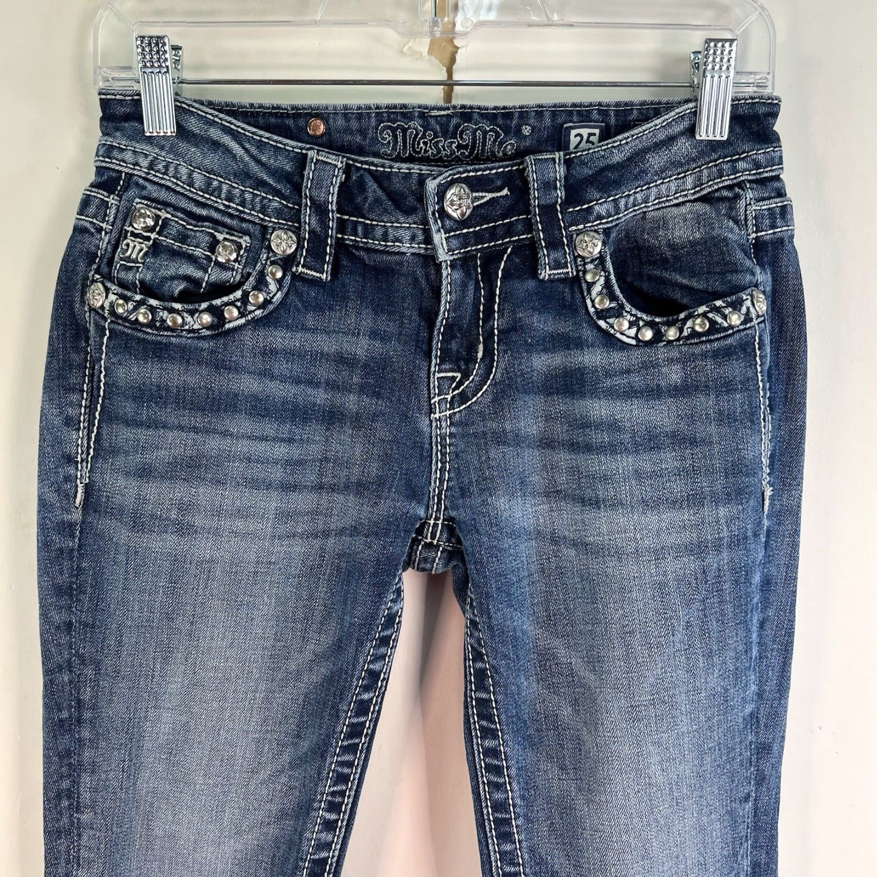 Miss Me Miss Me Midrise Skinny Jeans Women's Size 25 28x31 Blue Distressed Embellished Slim Fit Size 42" / US 20 - 3 Thumbnail