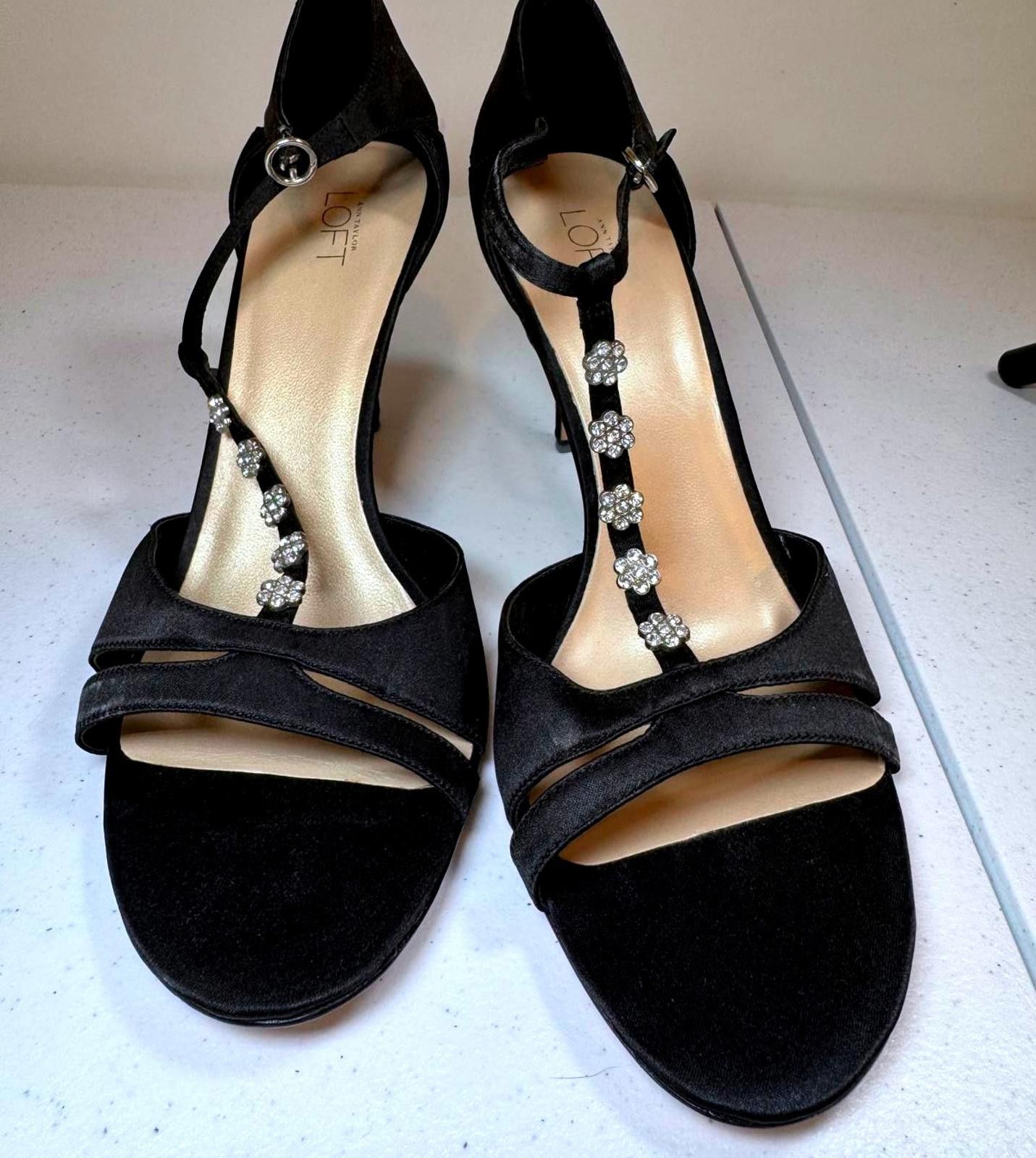 Designer Elegant Ann Taylor Loft Black Heels with Rhinestone Detail Size US 11 / IT 41 - 1 Thumbnail