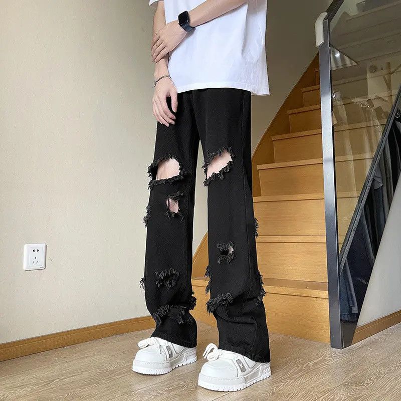 Japanese Brand Retro loose straight leg fringed ripped jeans Size US 32 / EU 48 - 1 Thumbnail