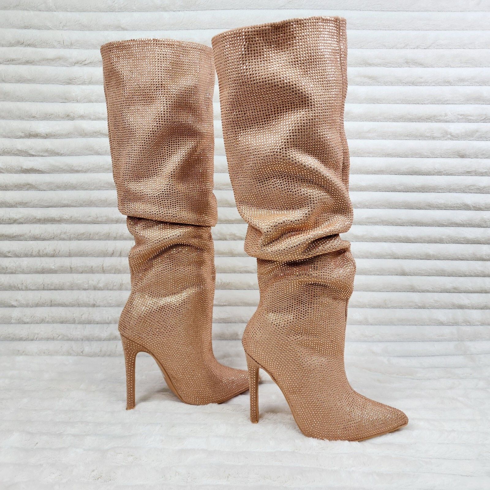 Radiant Nude Beige Rhinestone High Heel Stiletto Slouch Knee