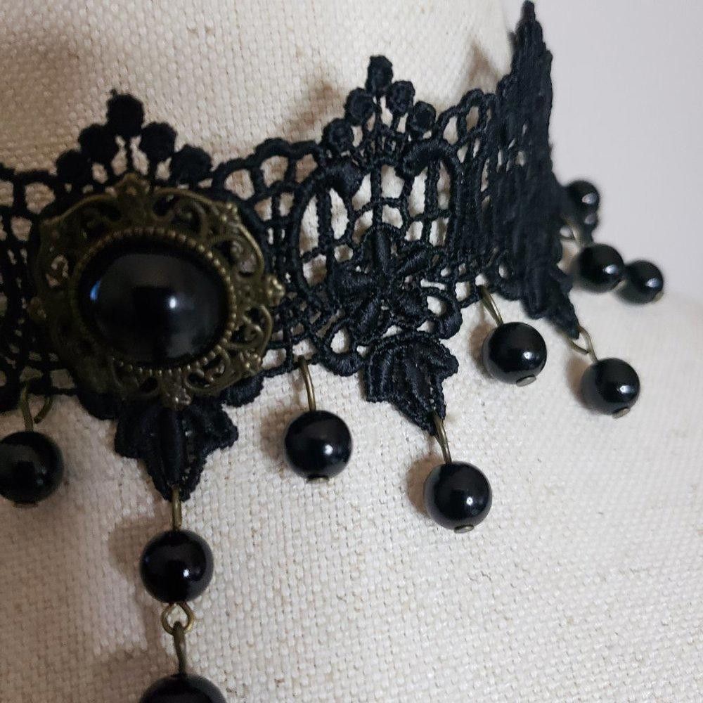 Designer Vintage Black Lace & Bead Choker-Small Size ONE SIZE - 3 Thumbnail