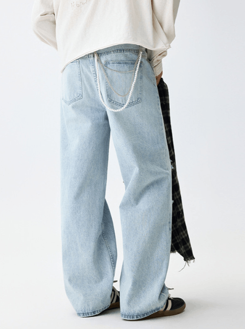 Japanese Brand × Jean Light blue all-match washed ripped loose jeans Size US 32 / EU 48 - 4 Thumbnail