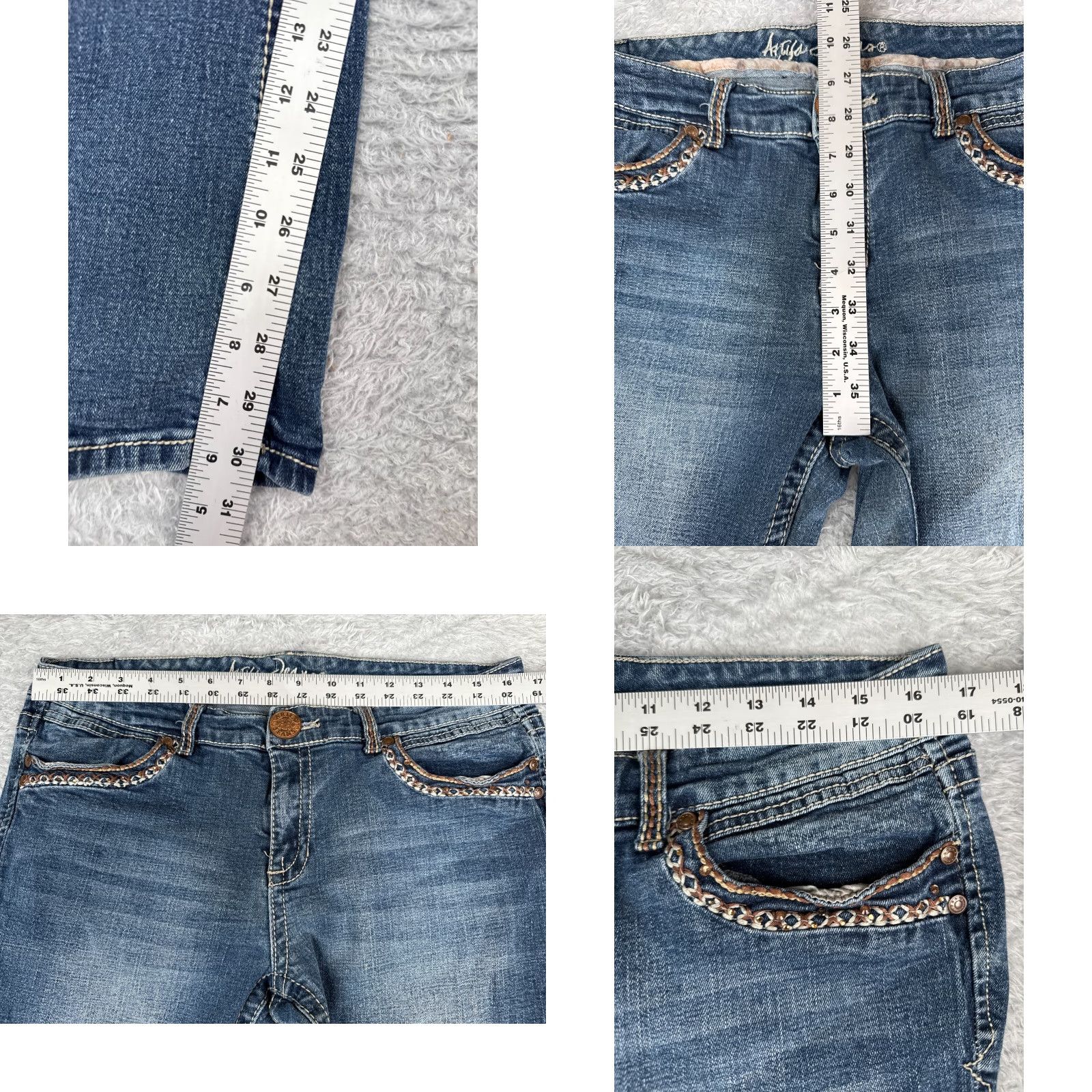 Denime Ariya Jeans Pants Juniors 15 Blue Denim Flared Mid Rise 32x31 Embroidered Distressed Stretch Cotton Size 36" / US 14 / IT 50 - 8 Thumbnail