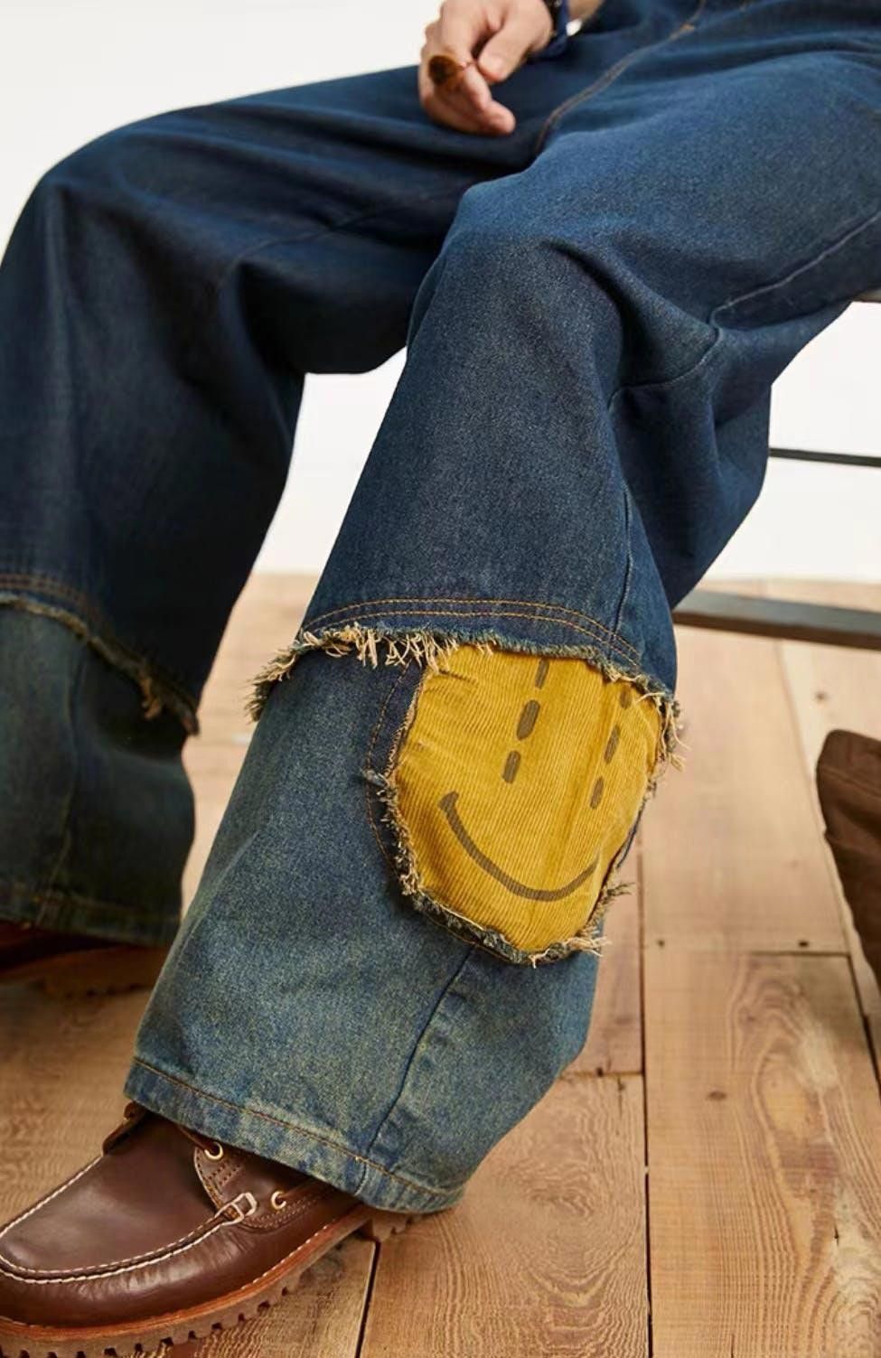 image of Straight-Leg Jeans With Retro Patchwork Design in Blue, Men's (Size 32)