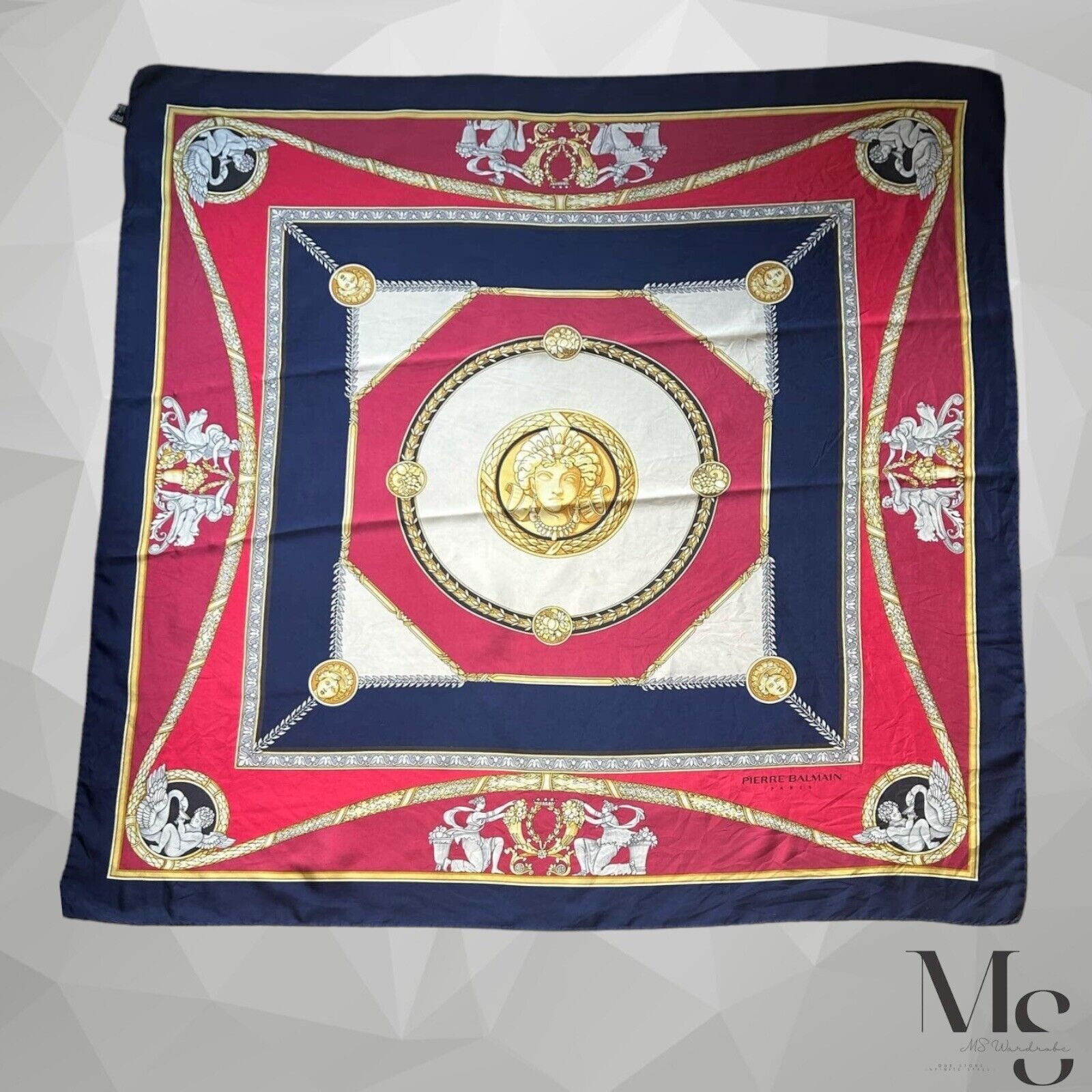 Pierre Balmain PIERRE BALMAIN Red & Blue Godess & Angels Print Silk Scarf Size ONE SIZE - 1 Thumbnail
