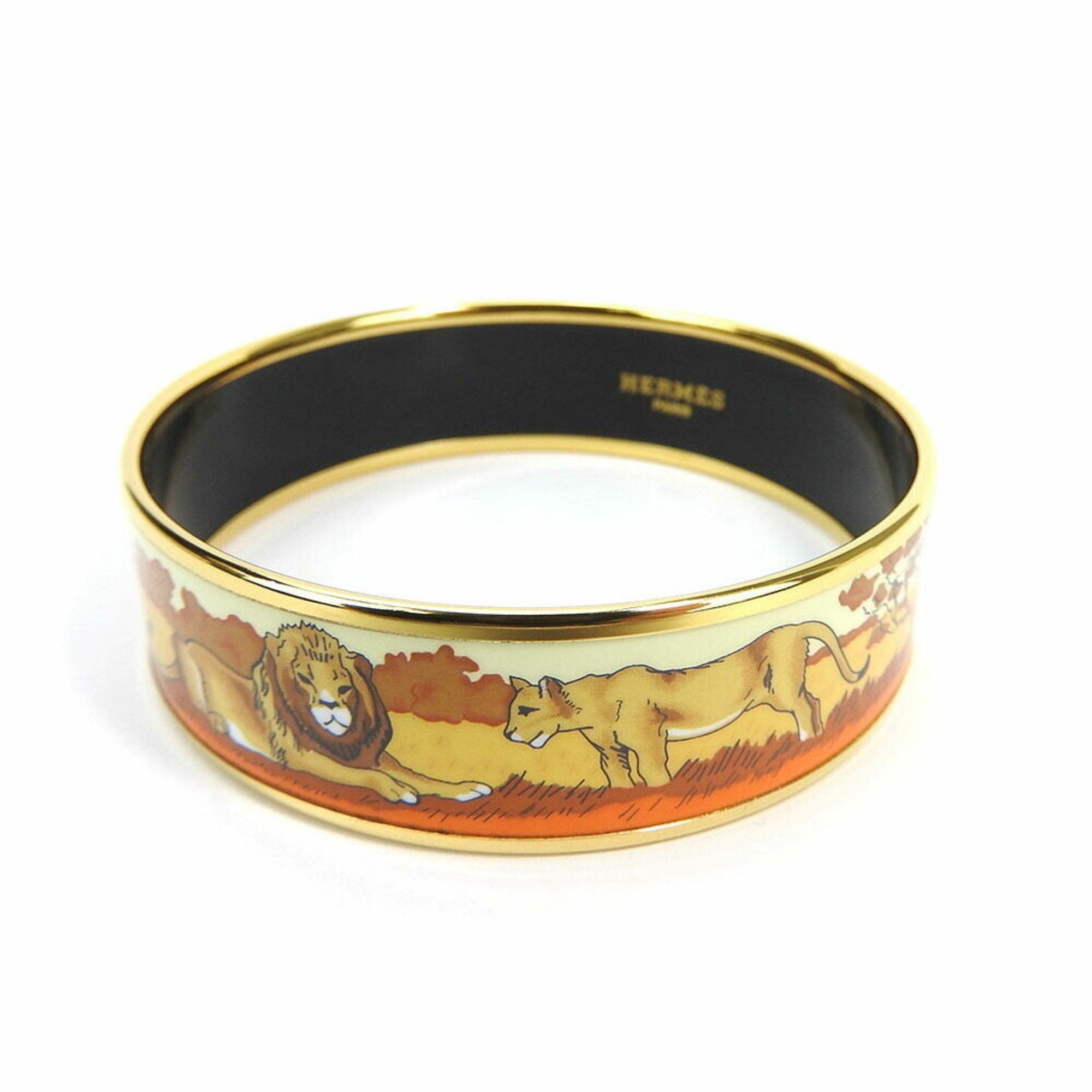 image of Hermes Enamel Bangle Bracelet Accessory Lion Pattern Cloisonne Plated Gp Gold Orange Ladies Accesso