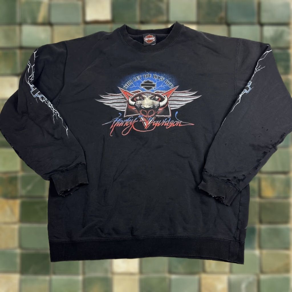 Harley Davidson VTG Harley-Davidson Sweatshirt Mens XL Pullover Black 80s 90s Biker Motorcycle Who Let The Hogs Out Iowa Size US XL / EU 56 / 4 - 1 Thumbnail