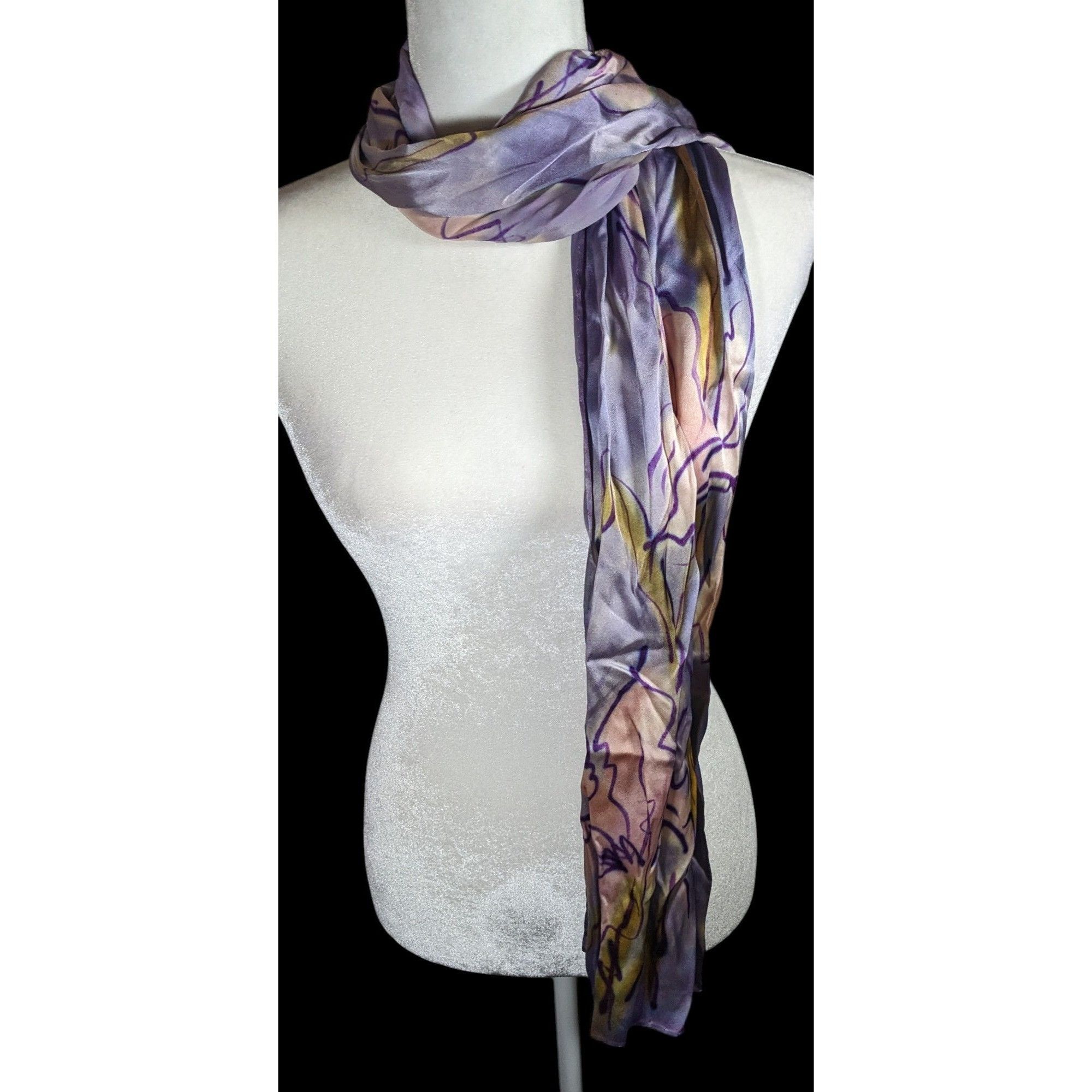 Other Abstract Floral Hand Painted Signed Purple Silk Art Scarf Size ONE SIZE - 2 Thumbnail