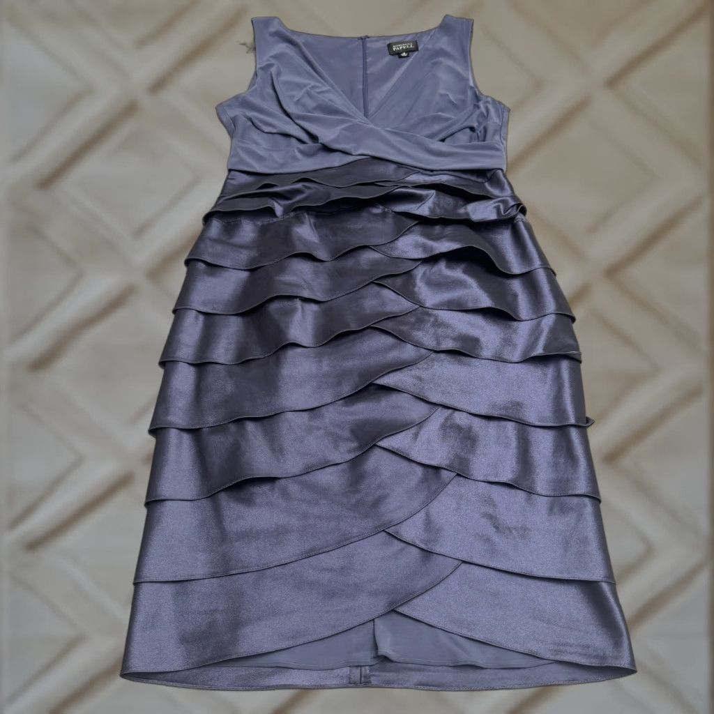 Adrianna Papell Adrianna Papell Dress Women 12 Gunmetal Blue Midi Sheath V-Neck Ruffle Tiered Sleeveless Size XL / US 12-14 / IT 48-50 - 1 Thumbnail