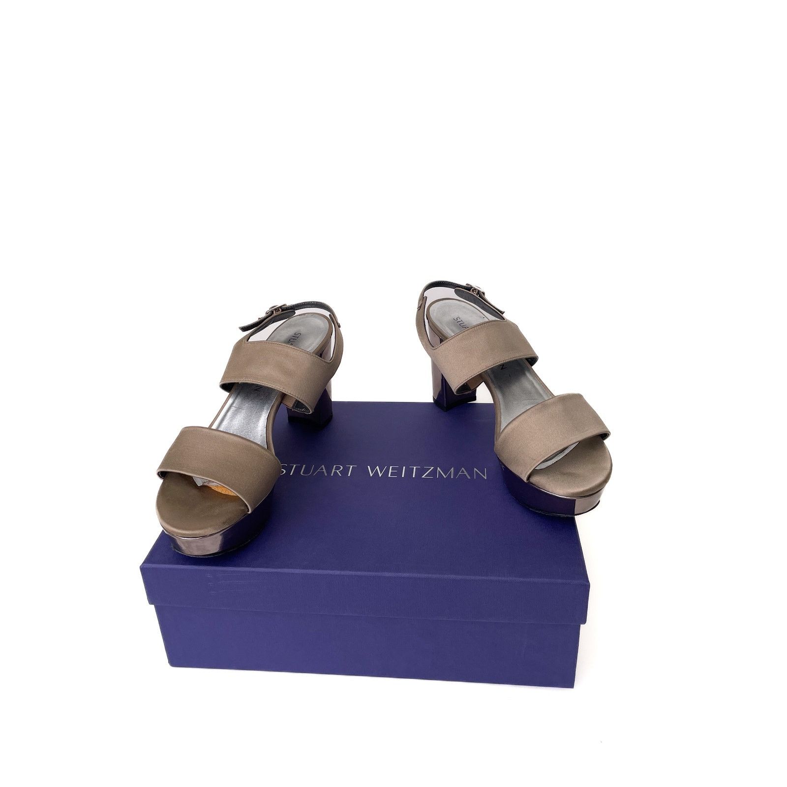 Stuart Weitzman Metallic Beige Satin Platform Sandals Size US 8 / IT 38 - 9 Thumbnail