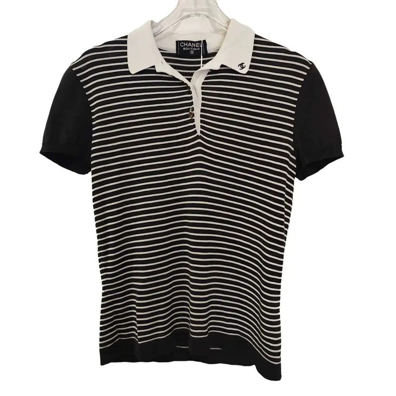 Chanel Chanel Black Cotton Blend Striped T-Shirt 0089 Size M / US 6-8 / IT 42-44 - 1 Thumbnail