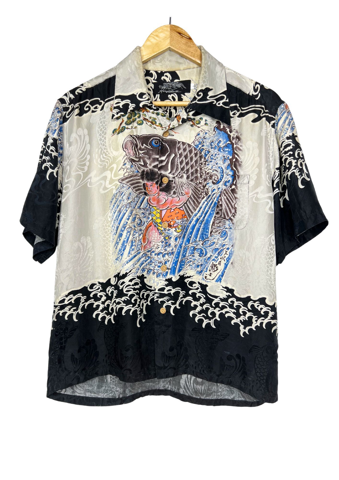 image of Horiyoshi The Third x Vintage 90's Horiyoshi Iii Tattoo Art Silk Button-Up Shirts in Black (Size Me