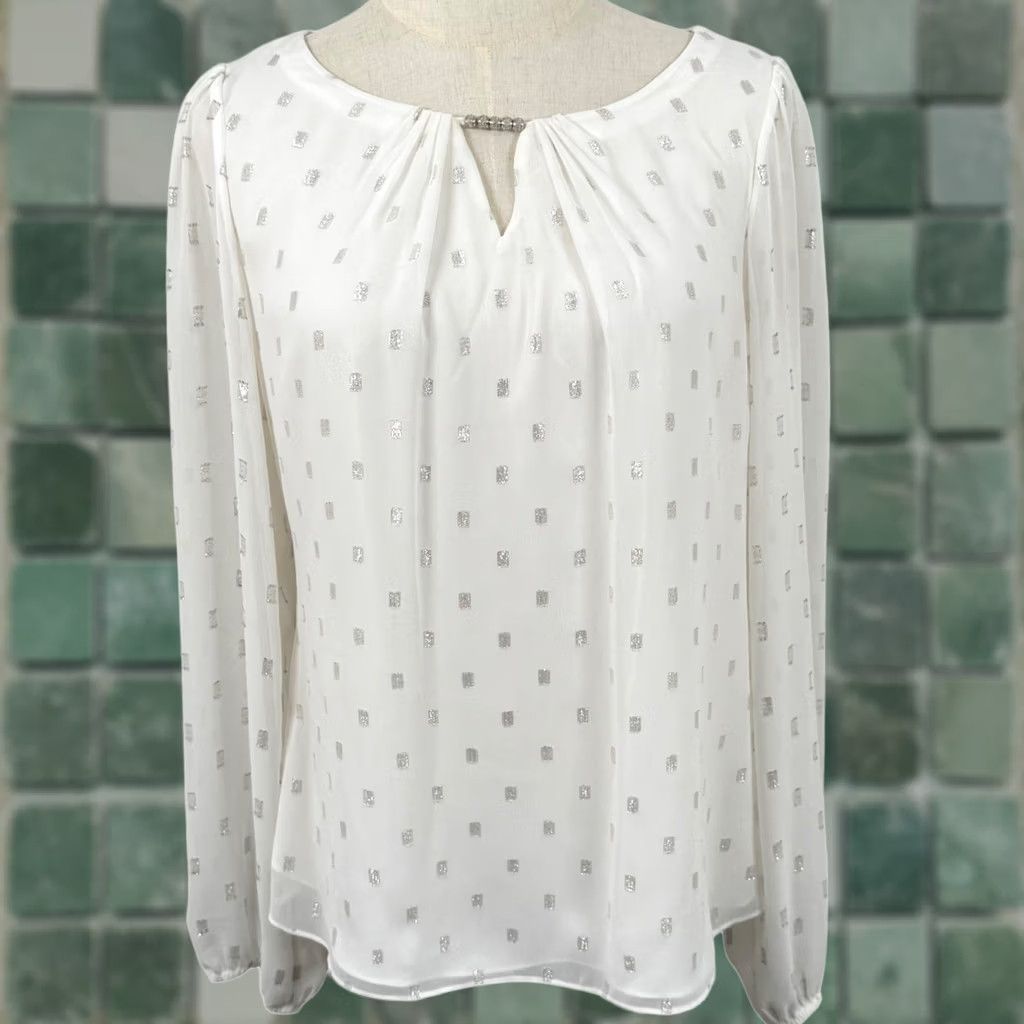 White House Black Market EUC WHBM Blouse White Silver Metallic Foil Rhinestone Shimmer Party Geometric Split V-Neck Long Sleeve Adult Womens Size S / US 4 / IT 40 - 1 Thumbnail