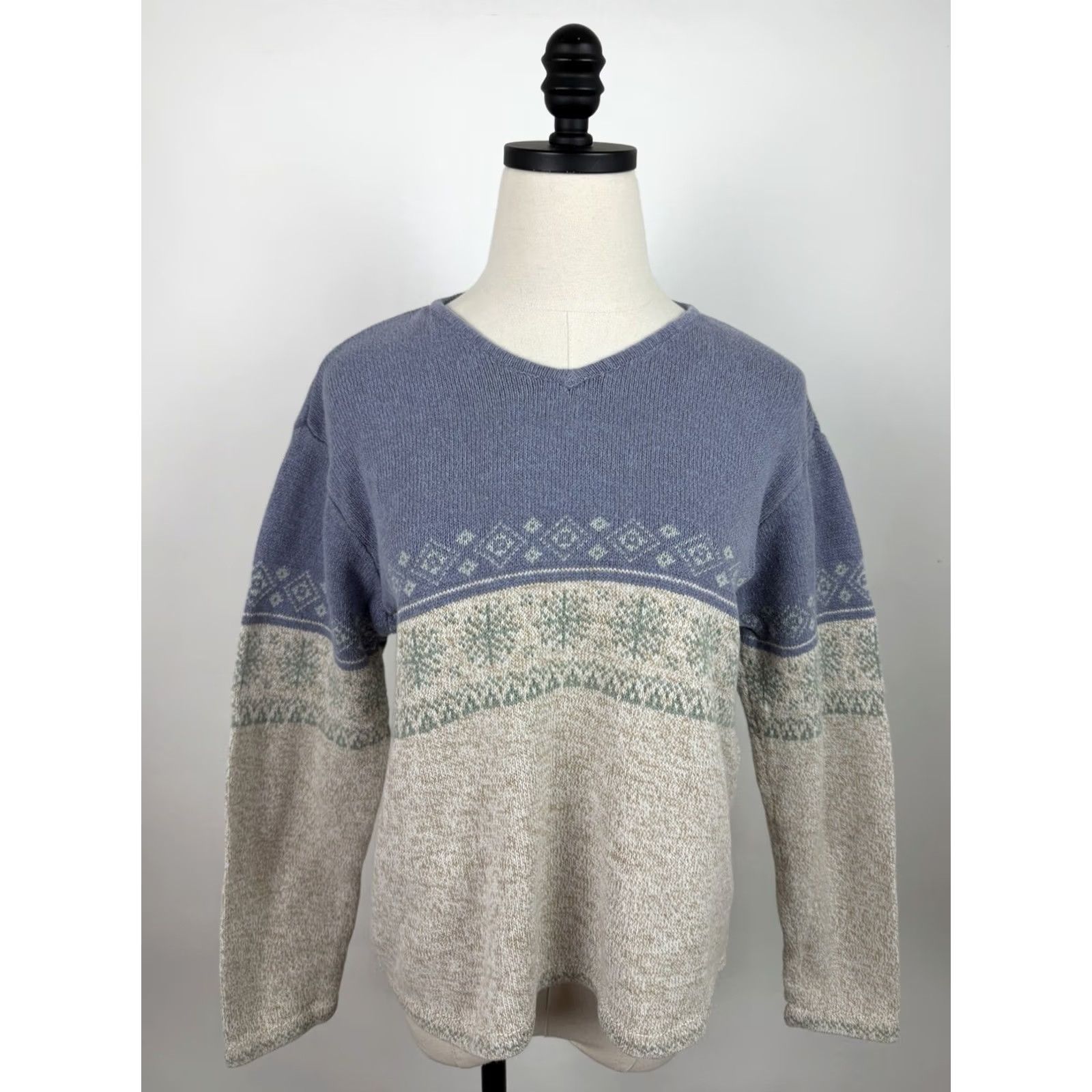 Liz Claiborne VINTAGE Liz Claiborne Sweater Woman Petite PM Beige 100% Cotton Knit Fair Isle Pullover Long Sleeve V-Neck Size M / US 6-8 / IT 42-44 - 2 Thumbnail