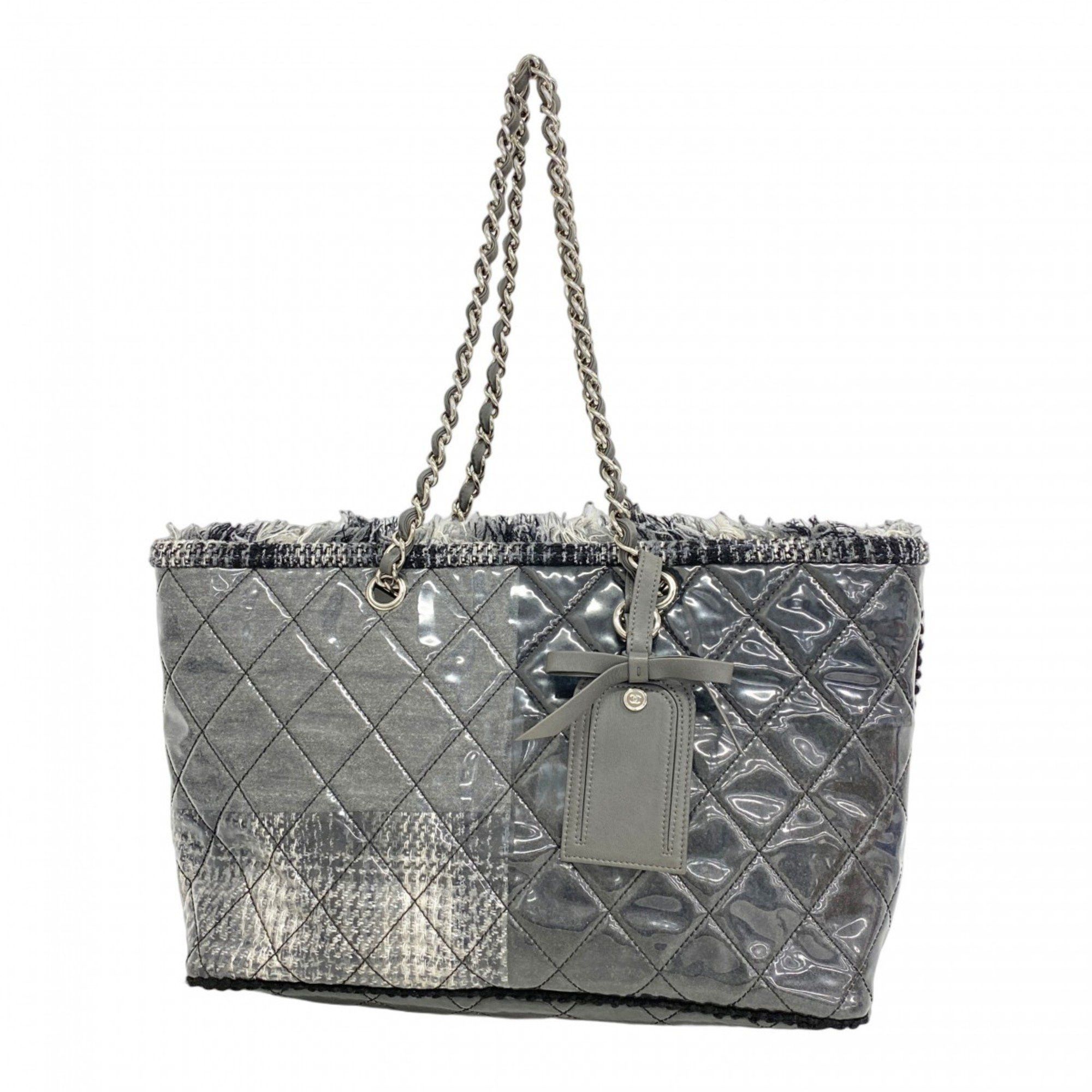 Chanel Tote Bag Matelasse Chain Shoulder Tweed Vinyl Grey Black White Women's