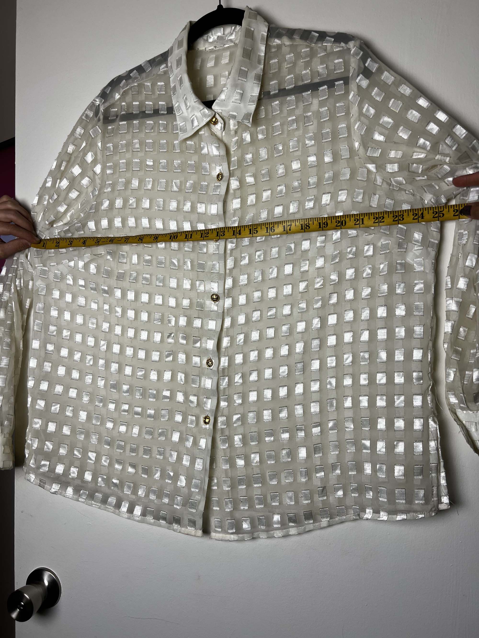 Vintage Vintage 1980's White Gold Block Patterned Sheer Button Up Size L / US 10 / IT 46 - 12 Thumbnail