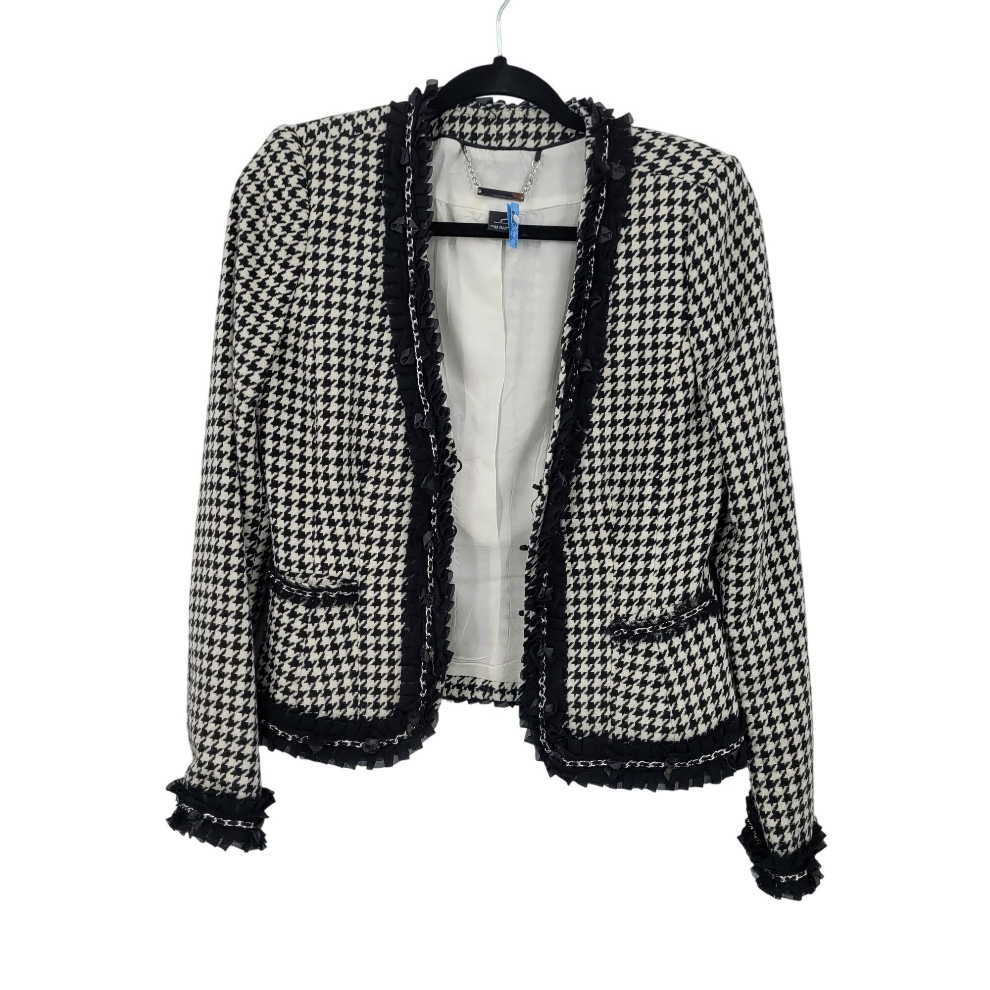 White House Black Market WHBM Womens Wool Blend Houndstooth Blazer Sz 2 Ruffle Chain Size XS / US 0-2 / IT 36-38 - 1 Thumbnail