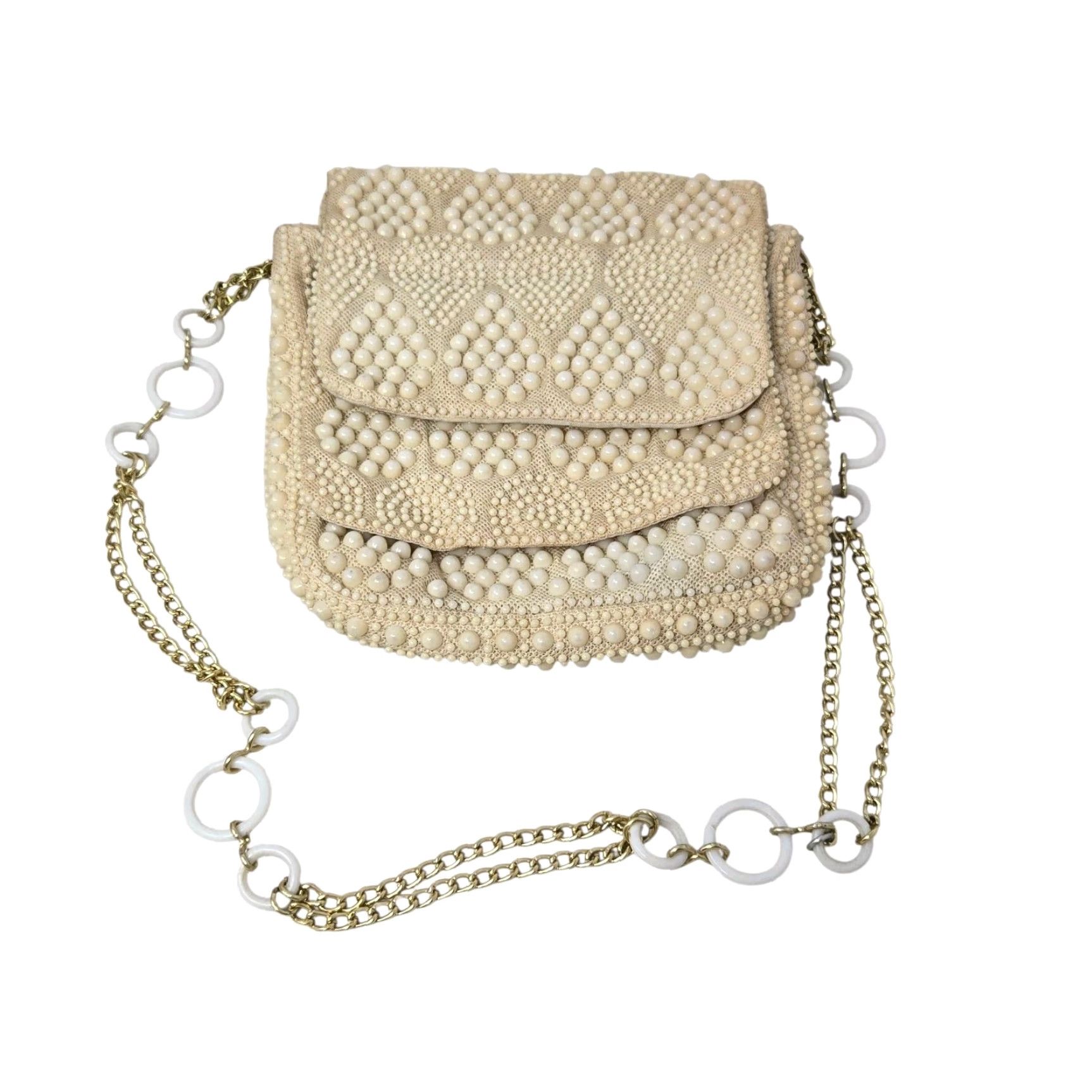 Vintage VINTAGE Beaded Ivory Purse Handbag Gold Chain Evening Bag Wedding Hong Kong Womens Size ONE SIZE - 2 Thumbnail