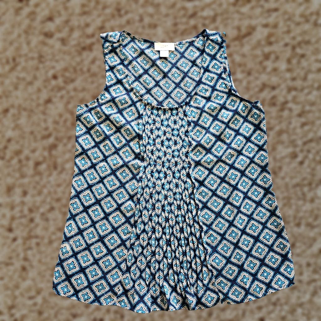 Loft LOFT Tank Top Women Small Blue Geometric Sheer Pleated Sleeveless Career Classic Shirt Womens Short Sleeve? Size S / US 4 / IT 40 - 1 Thumbnail