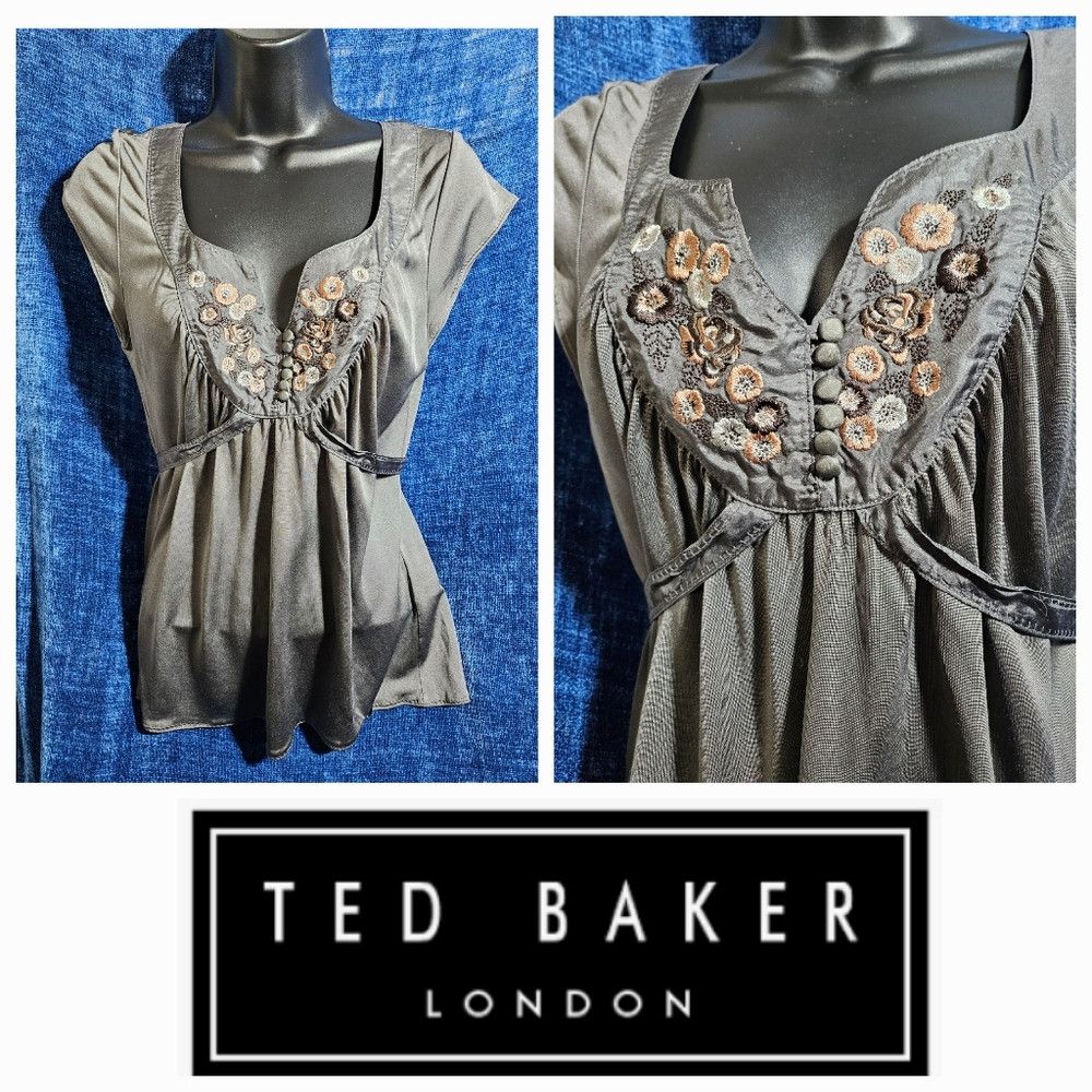 Vintage Y2K Ted Baker Satin Gray Embroidered Floral Tie Back Blouse Size S / US 4 / IT 40 - 1 Thumbnail