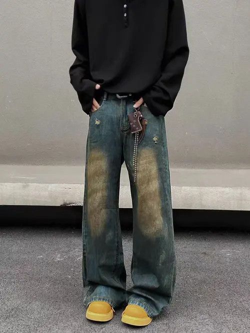 VIBE Vintage street Y2K dirty dyed ripped baggy jeans Size US 34 / EU 50 - 1 Thumbnail