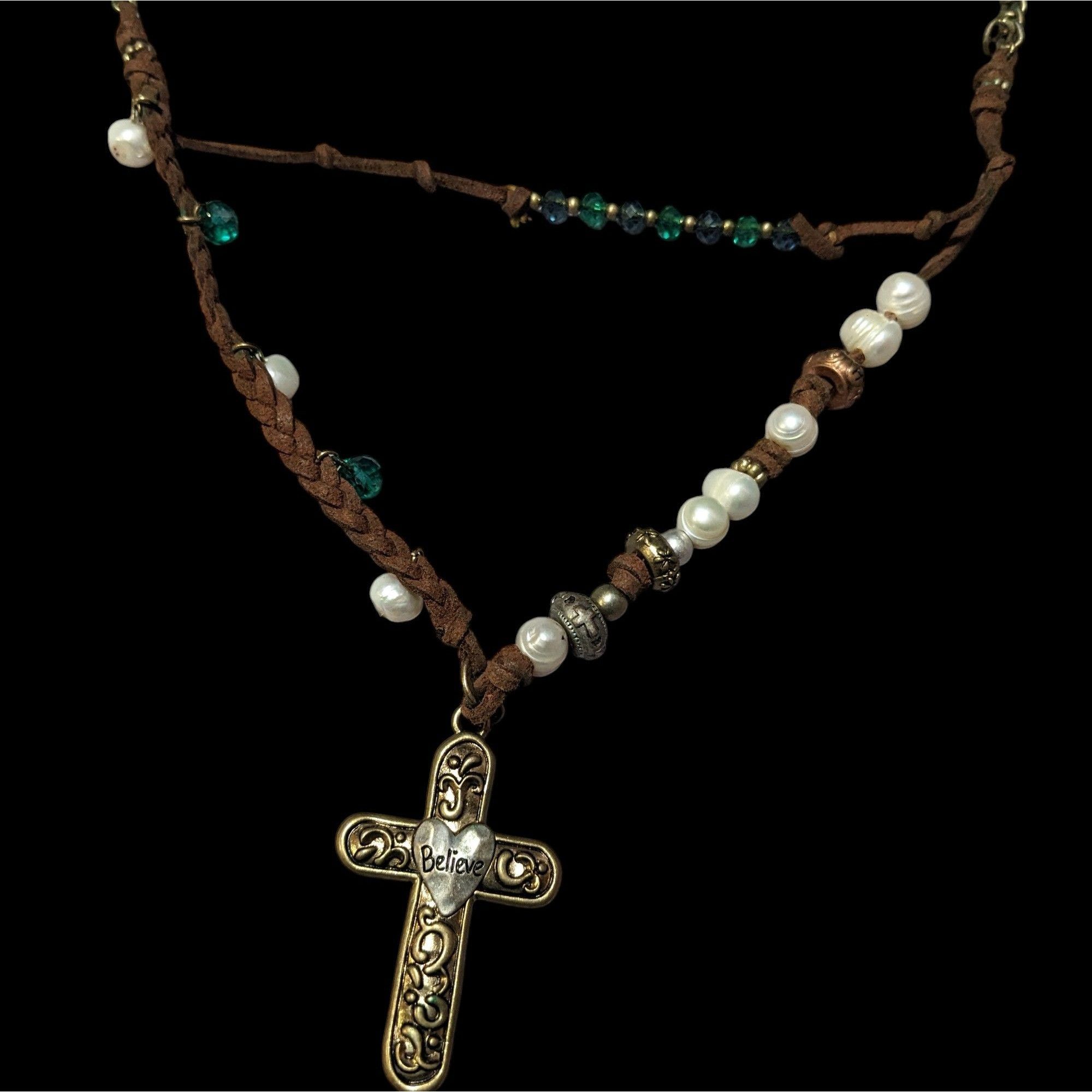 Other Rustic Suede Pearl Beaded Embossed Cross Pendant Necklace Size ONE SIZE - 2 Thumbnail