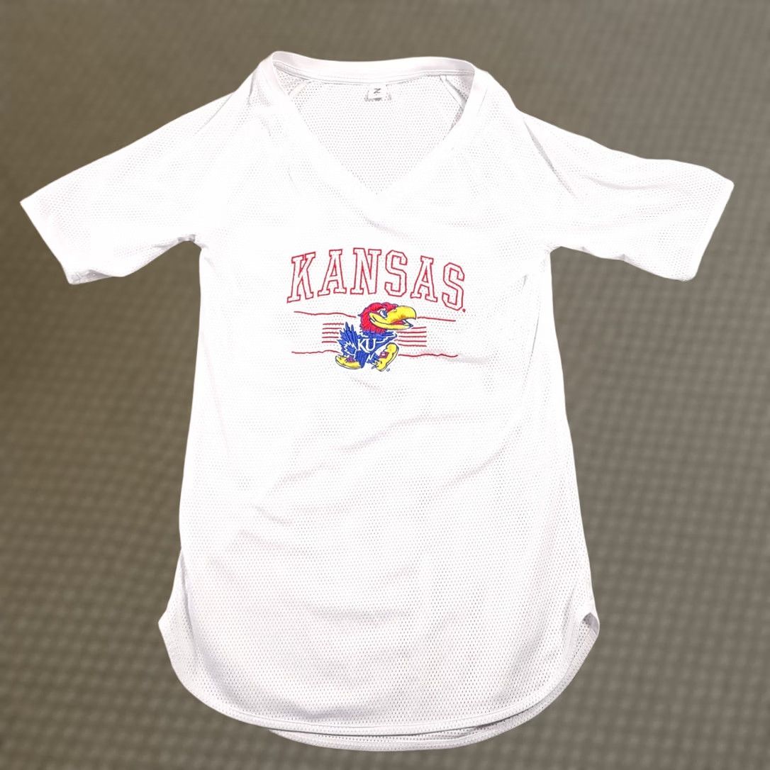 Vintage Kansas Jayhawk KU Dress Women's Small White Short Sleeve T-Shirt V Neck Size M / US 6-8 / IT 42-44 - 1 Thumbnail