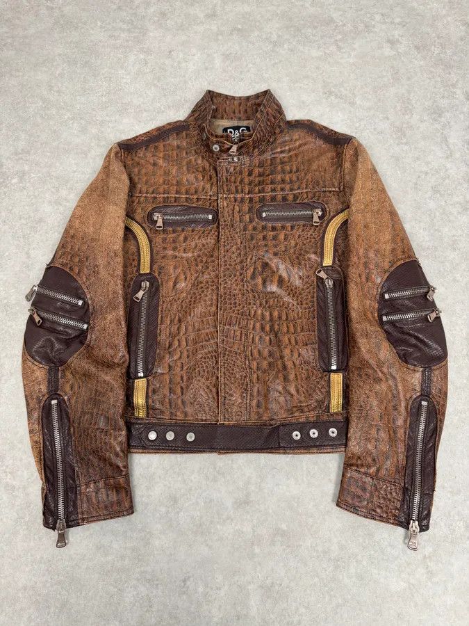 SS2005 Dolce & Gabbana Brown Crocodile Effect Leather Biker Jacket