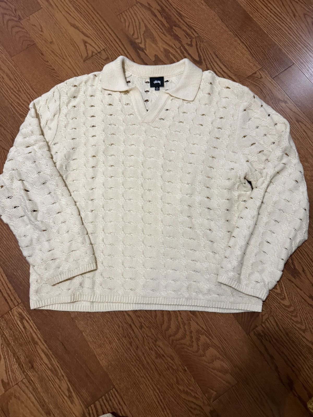 【STUSSY】Open Knit Collared Sweater L ☆24SS 最新作☆STUSSY OPEN KNIT COLLARED SWEATER (STUSSY