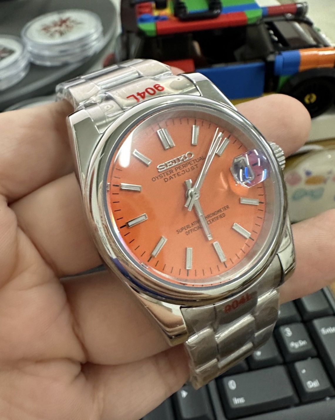 Japanese Brand Seiko Mod Datejust Orange Dial Steel Oyster Watch 39mm Size ONE SIZE - 2 Thumbnail