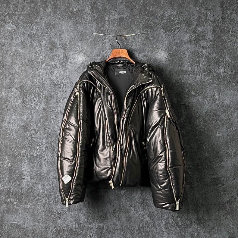 Versace Black hooded cowhide zippered down jacket