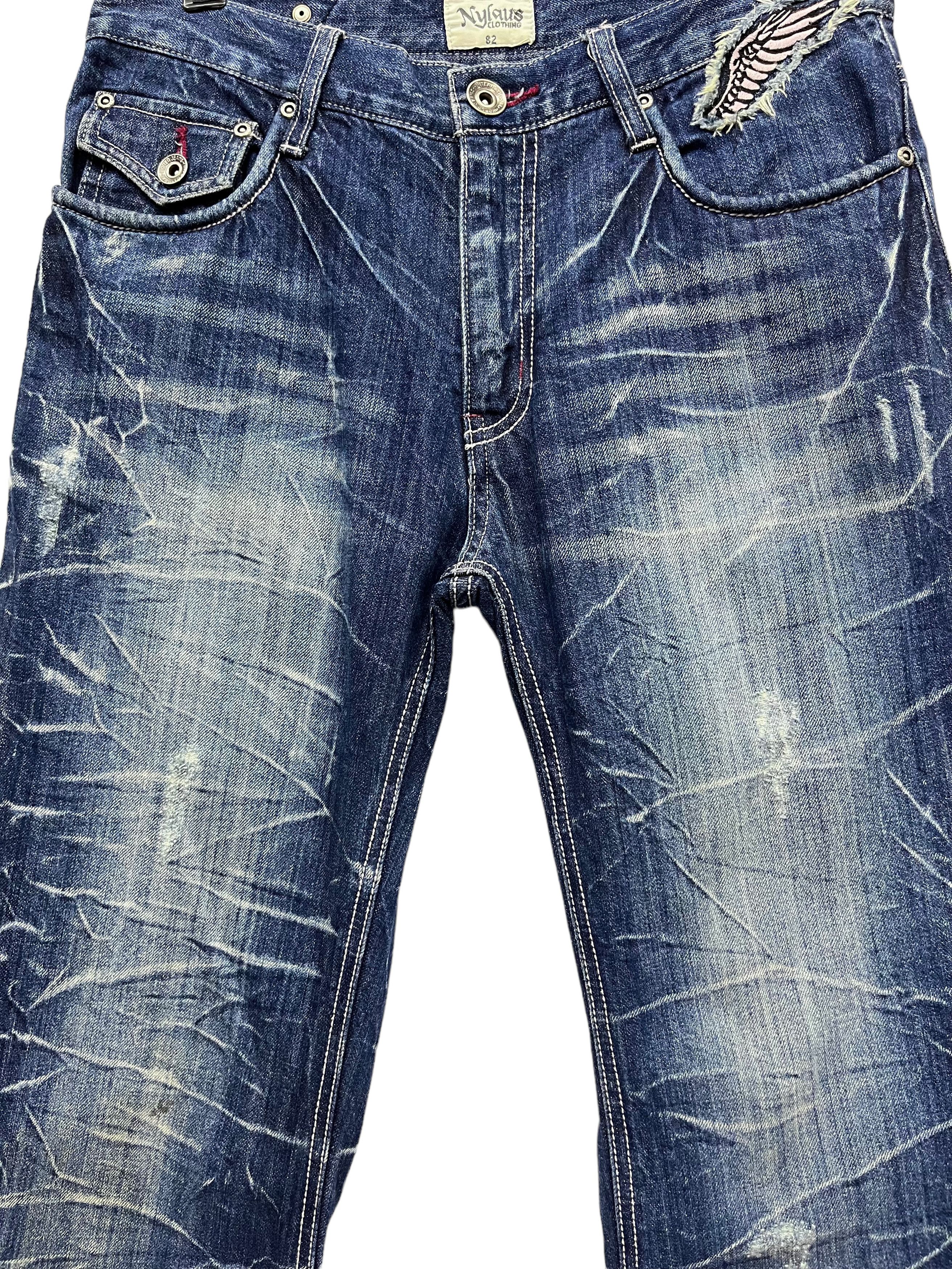 Fashion Victim NYLAUS Long Flap Studded Embroidery Winged Acid Wash Flared Size US 31 - 12 Thumbnail