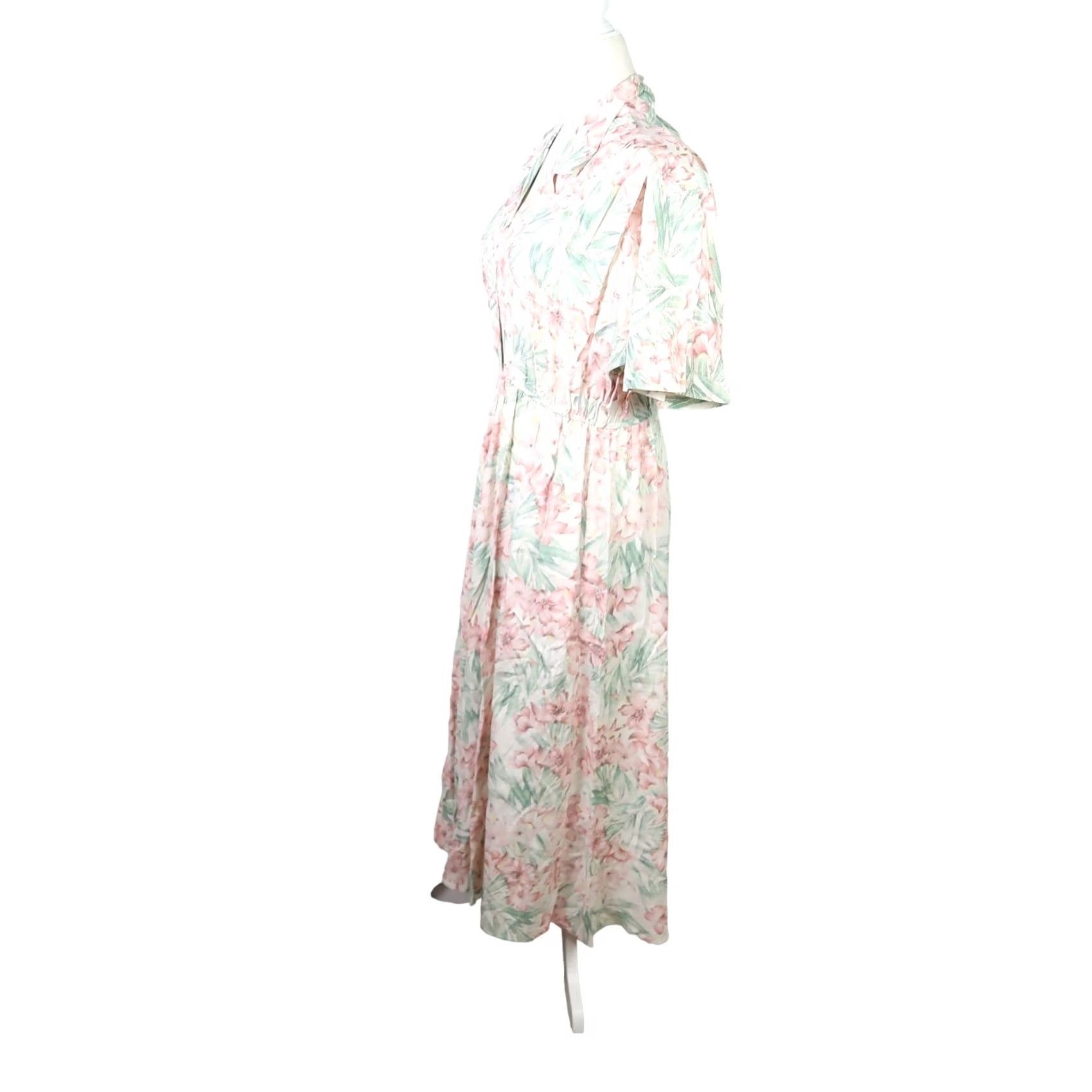 Vintage VINTAGE Carol Anderson cream pink green floral midi shirt dress 80s 4 Womens Size S / US 4 / IT 40 - 3 Thumbnail