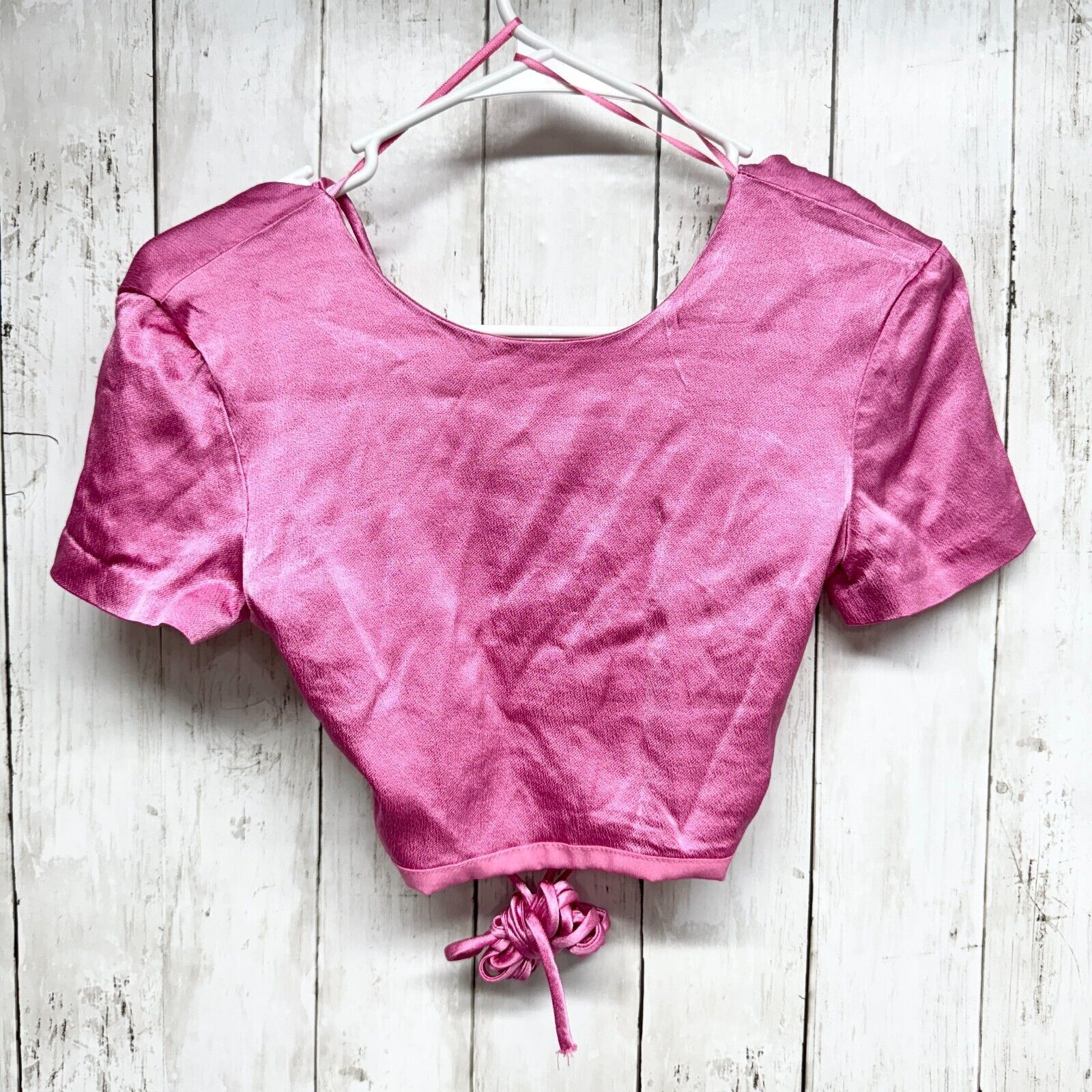 Zara Zara Top XS Cropped Satin Open Back Short Sleeve Pink Laced Size XS / US 0-2 / IT 36-38 - 1 Thumbnail