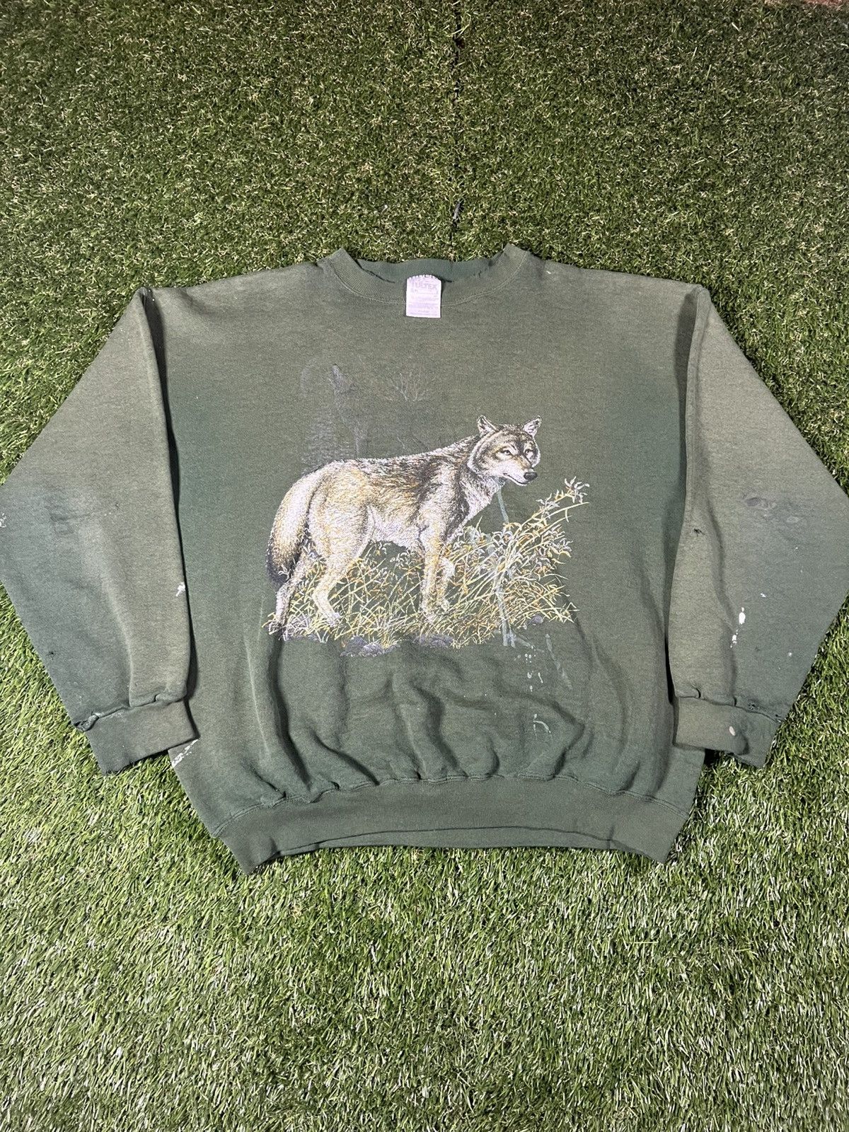 Habitat Vintage 90s Forest Green Faded Wolf Nature Boxy Crewneck Size US XL / EU 56 / 4 - 1 Thumbnail