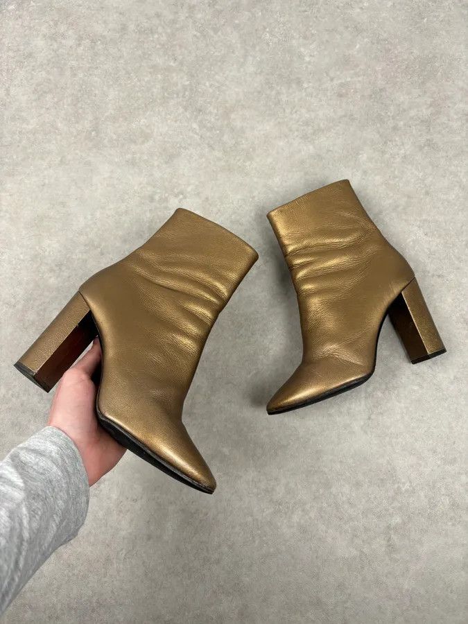 Saint Laurent Paris Saint Laurent Gold Leather Ruched Block Heel Bootie Size US 8 / IT 38 - 1 Thumbnail