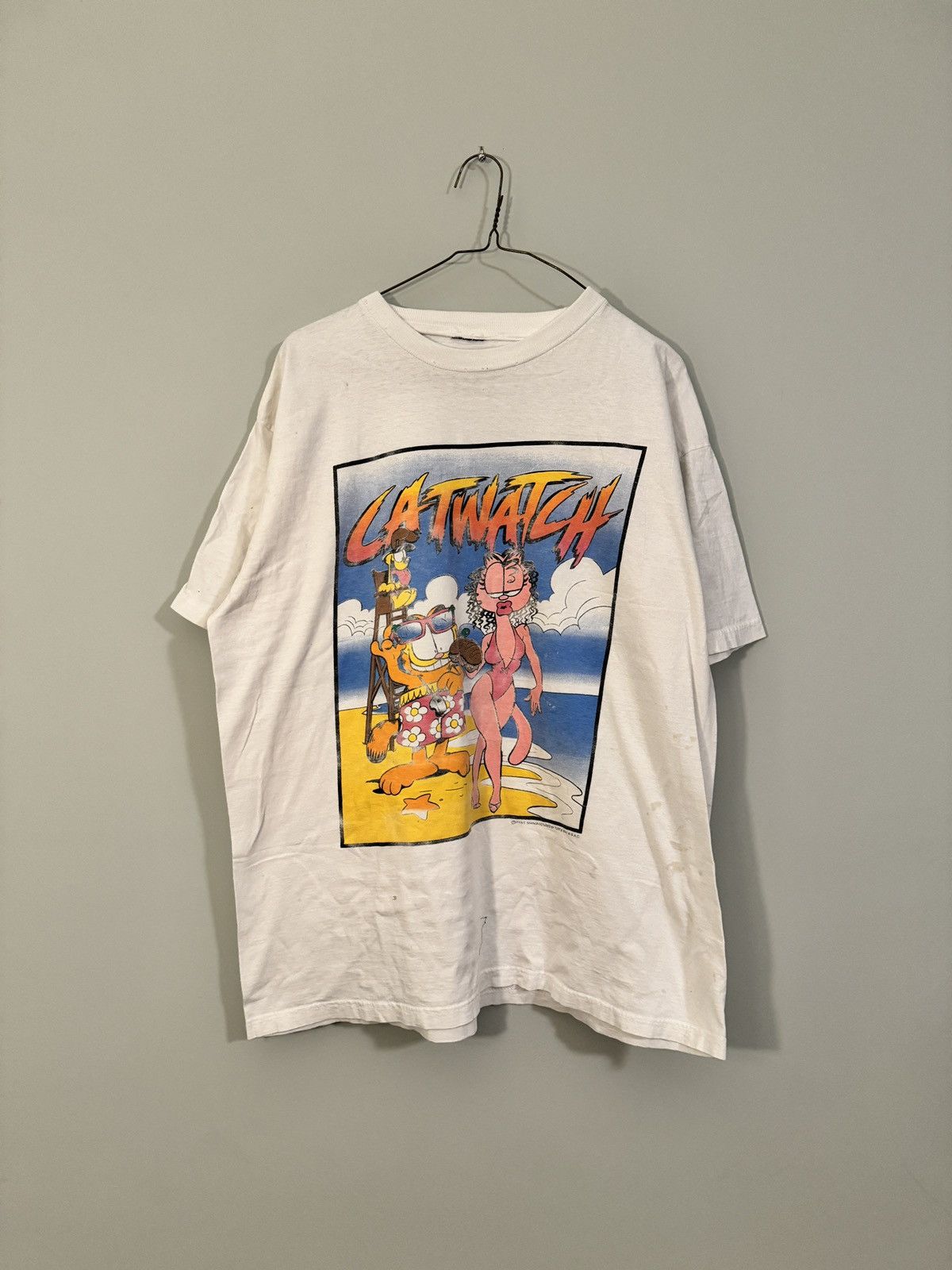 Image of Humor x Vintage Garfield Catwatch Baywatch Parody Faded Tee Shirt XL in White, Men's