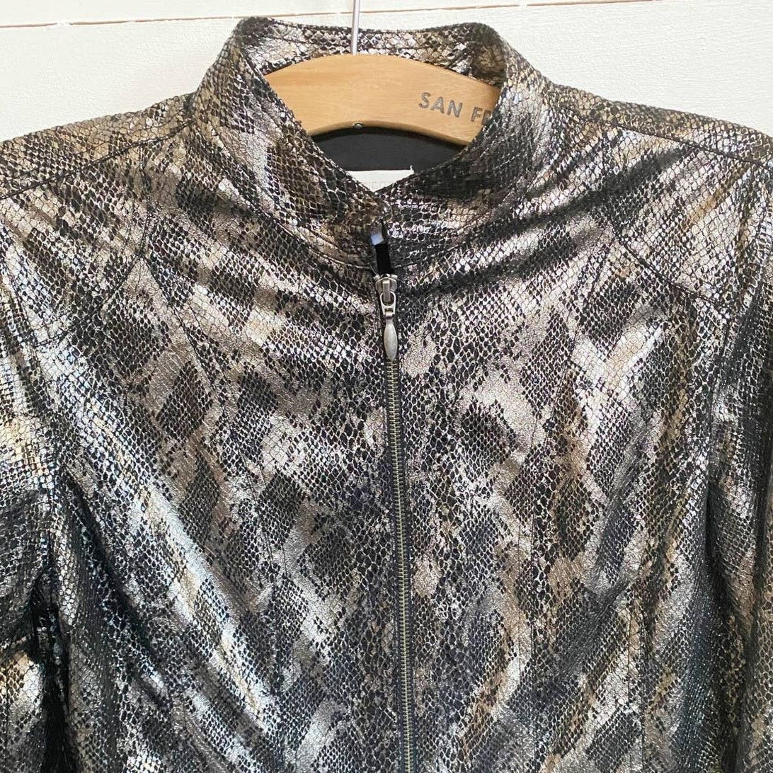 Chicos Chico’s Black Bronze Metallic Zip Jacket Snake Python Print Size M / US 6-8 / IT 42-44 - 4 Thumbnail