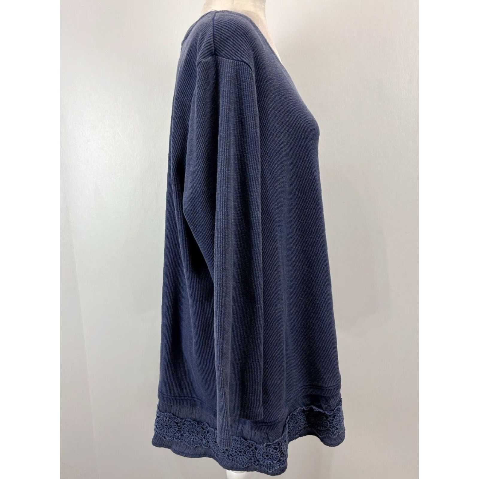 Vintage Ali Miles Waffle Knit Tunic Top Size XL Crochet Hem Detail Pullover Blue Size XL / US 12-14 / IT 48-50 - 4 Thumbnail