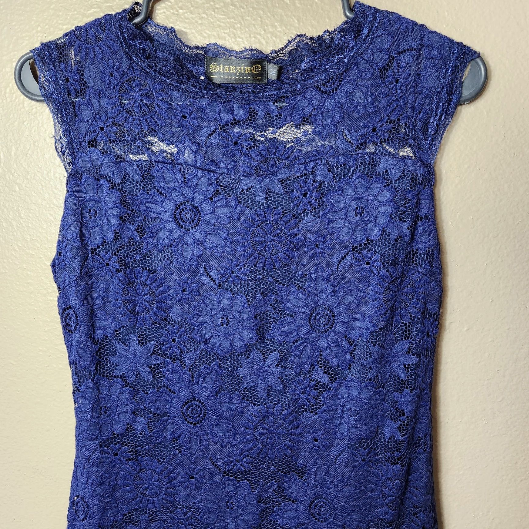 Vintage Stanzino Navy Lace Knee Length Sheath Dress |M| Women Sleeveless Boatneck Party Cocktail Wedding Guest Purple/Blue? Size M / US 6-8 / IT 42-44 - 3 Thumbnail