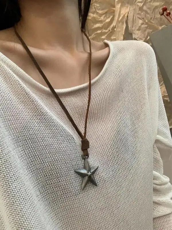 Jewelry Adjustable Leather Rope Punk Star Pendant Necklace Size ONE SIZE - 1 Thumbnail