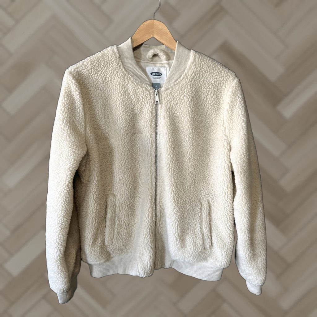 Old Navy Old Navy Bomber Jacket Women's Large Beige Sherpa Fleece Zip-Up Outerwear, Cozy Winter Puffer Style Size L / US 10 / IT 46 - 1 Thumbnail
