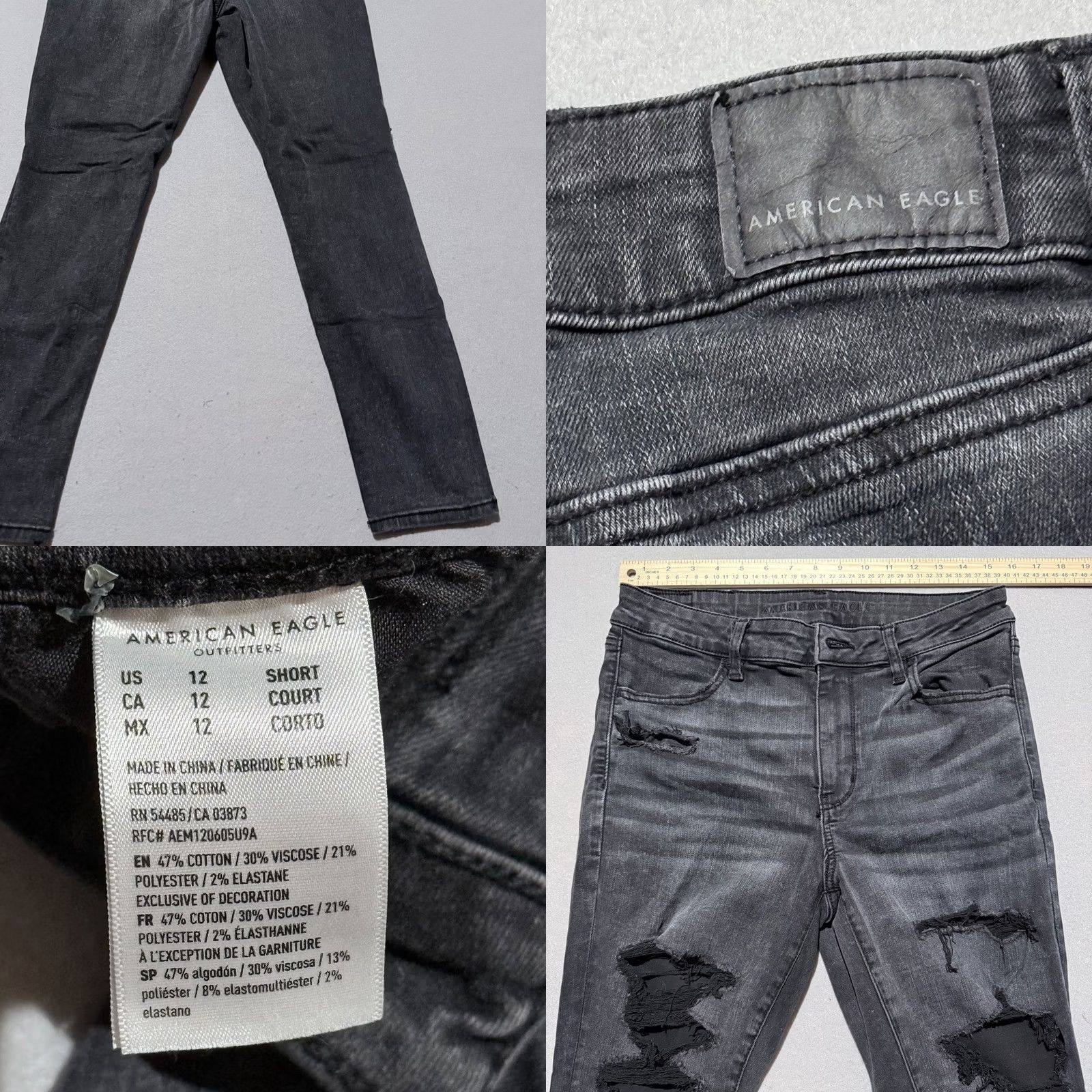 American Eagle Outfitters American Eagle Jeans Women Denim Stretch Ripped Distressed Skinny - 12 Short Black 5-Pocket Style Jeans Mens Womens Boys Girls Size 34" / US 12 / IT 48 - 8 Thumbnail