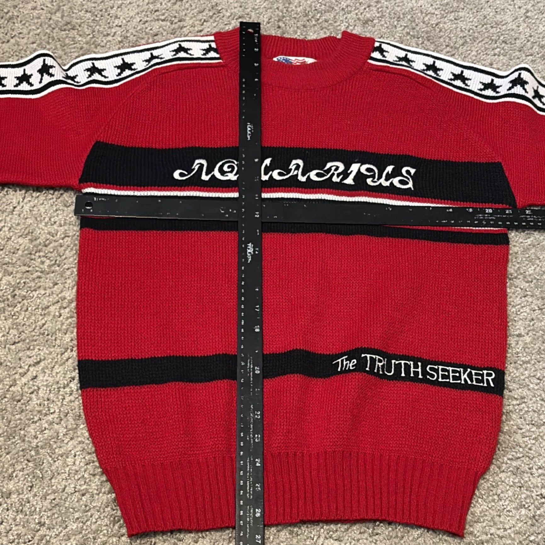 Vintage VINTAGE 80s Aquarius Embroidered Acrylic Knit Red Black White Sweater Medium Unisex Adults Mo Mo Fashion Inc Pullover Embroidered Knit Size US M / EU 48-50 / 2 - 6 Thumbnail