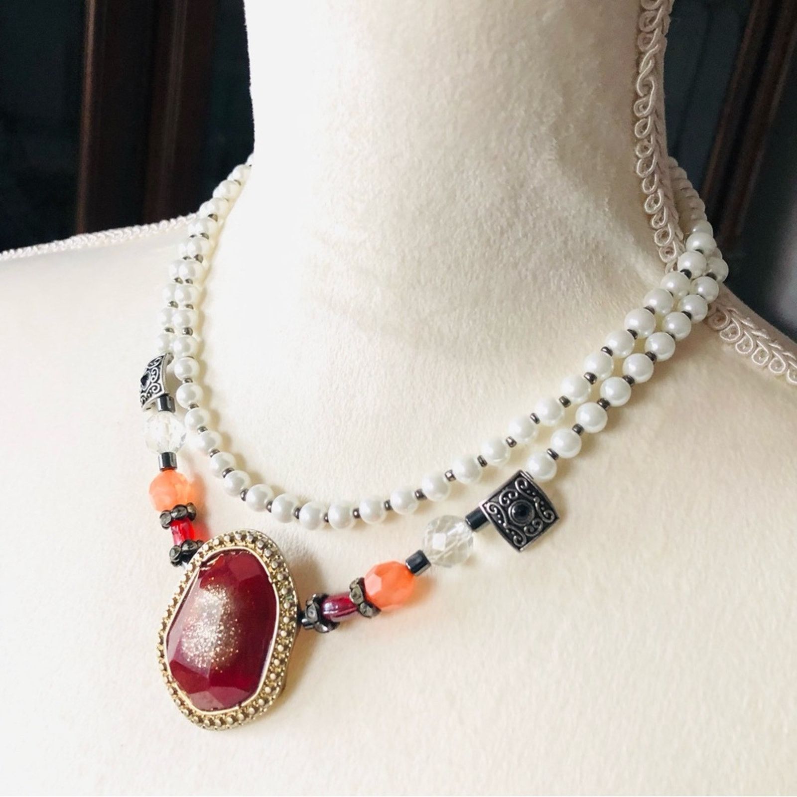 Handmade Handcrafted beaded Czech glass Pearl genuine ruby necklace Size ONE SIZE - 1 Thumbnail