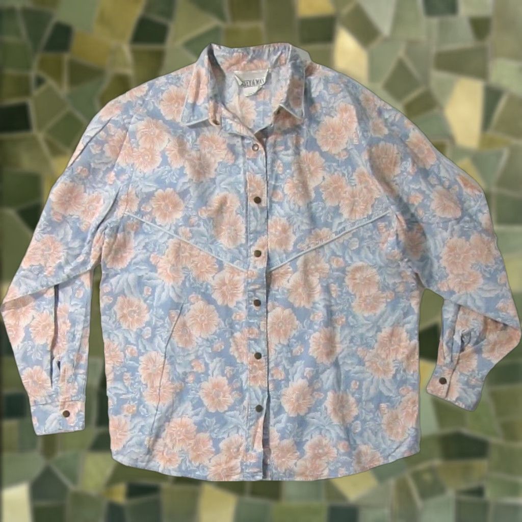 Vintage VINTAGE Casey & Max Blue Pink Floral 100% Cotton Long Sleeve Western Blouse L Woman Blue Flowered Shirt Size L / US 10 / IT 46 - 1 Thumbnail