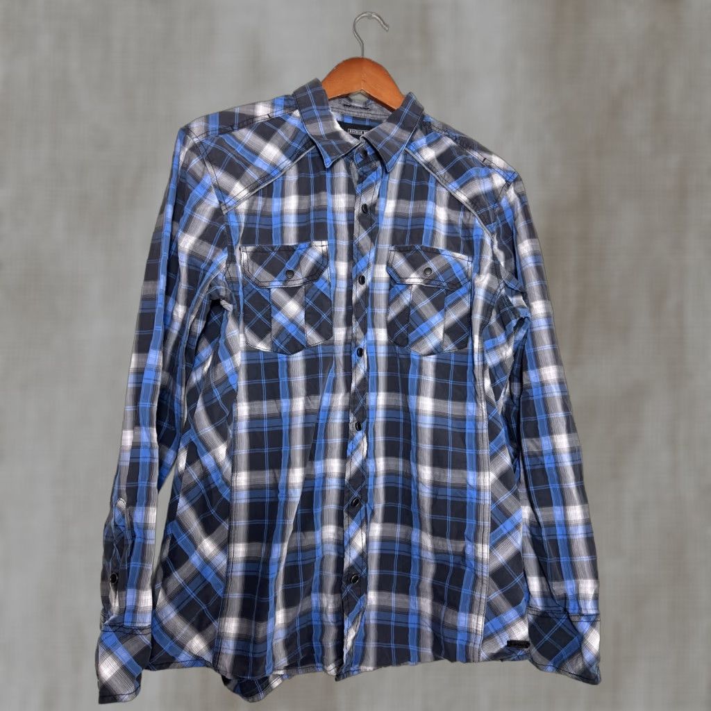 Buckle Black Buckle Black Label Shirt Mens Large Blue Gray Plaid Slim Fit Snap Up Button Collared Western Casual Business Size US L / EU 52-54 / 3 - 1 Thumbnail