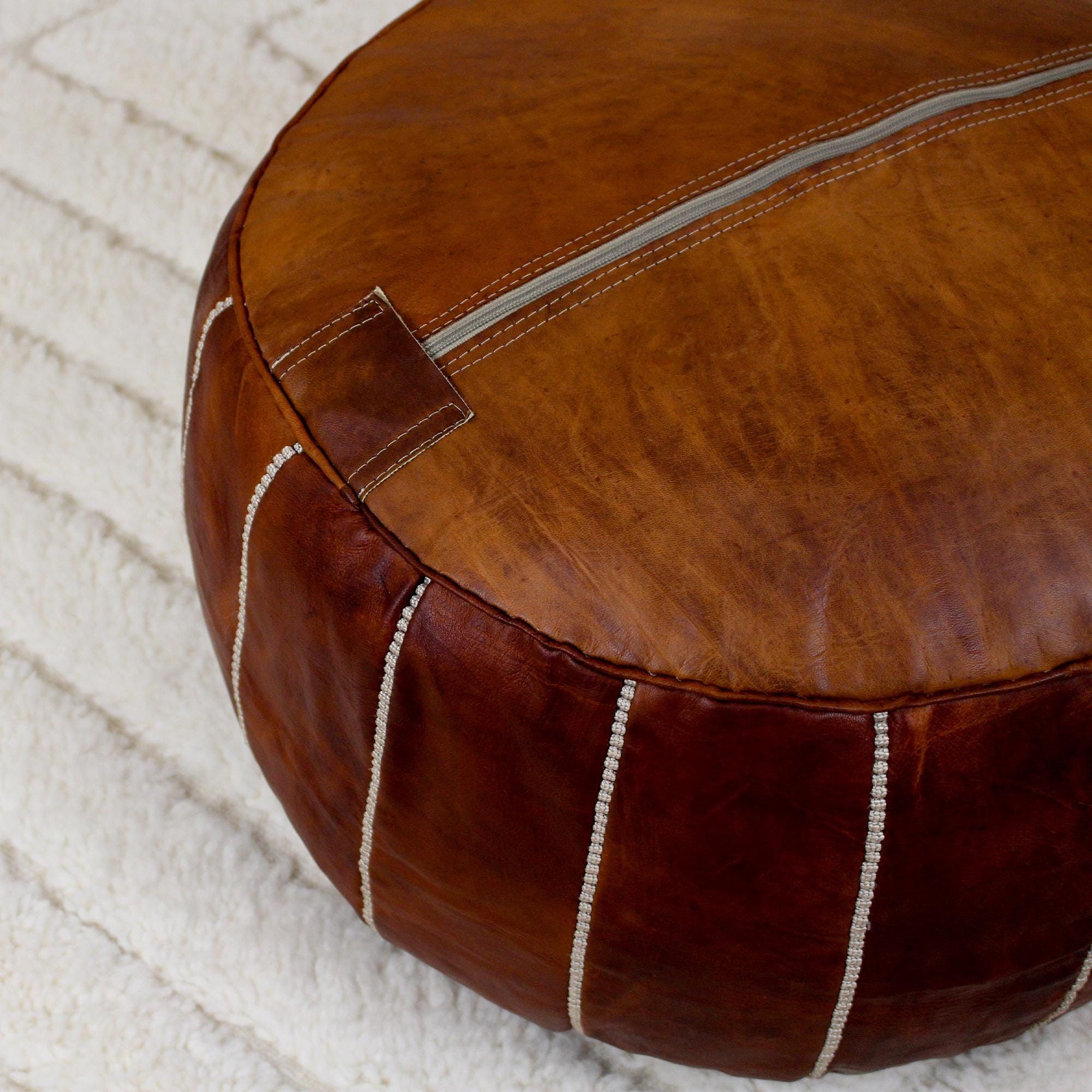 Leather × Vintage Round Handmade Leather Dark Brown Pouf Size ONE SIZE - 10 Thumbnail